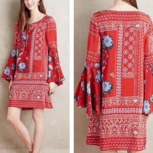 ANTHROPOLOGIE x VANESSA VIRGINIA | Floral Bell Sleeve Peasant Dress Silk | 10